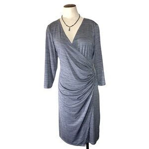 Notations Gray Midi Dress Size XL P Faux Rap Smocked Detail Deep V Neck